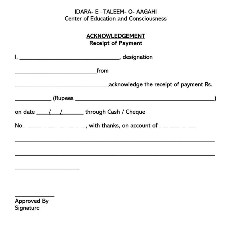 A business form giving written acknowledgement for cash received