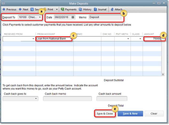 Loan quickbooks record set company account loans customer 2020 select window deposits make deposit