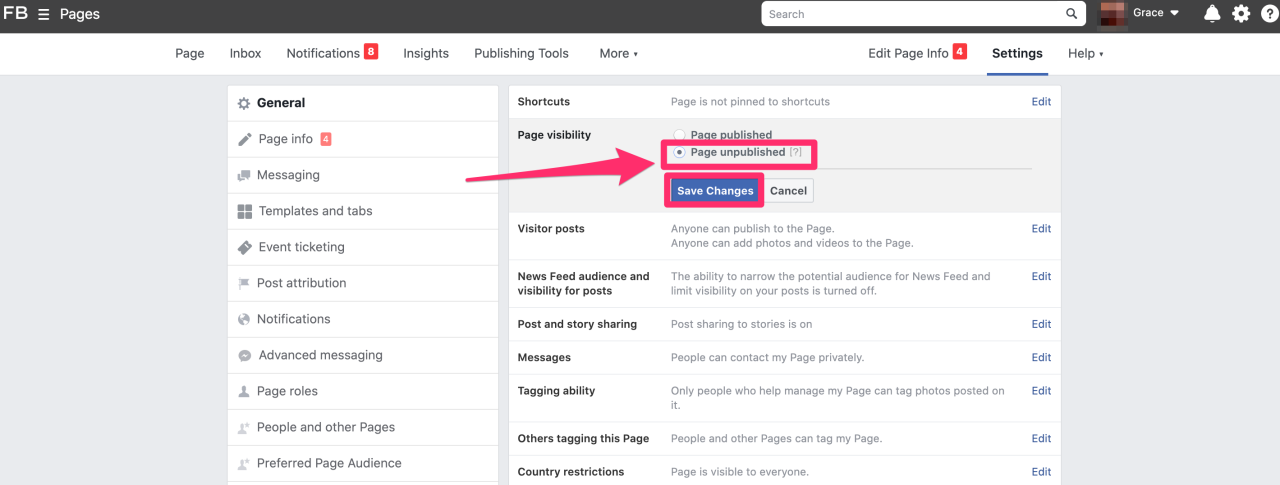 How to unpublish facebook business page